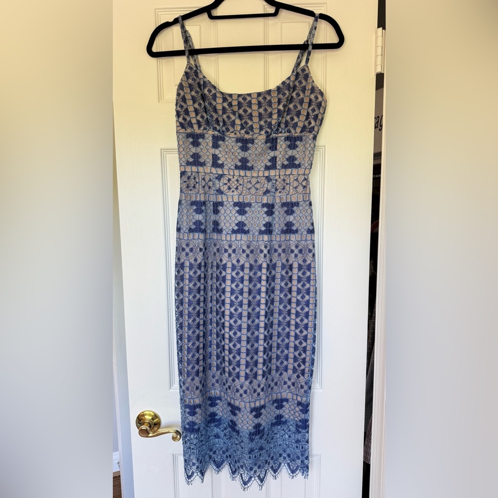 BCBGMaxAzria Blue and White Strapless Midi Dress